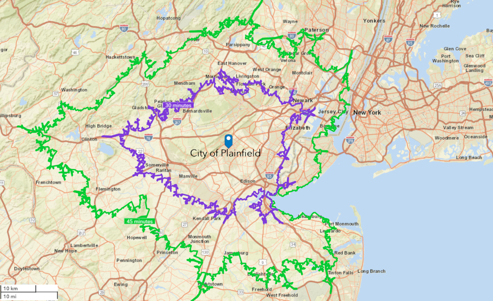 30- and 45-minute drive time polygons map